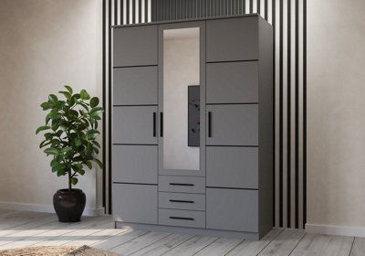 Arte Grey Hinged 3-Door Wardrobe With Mirror & Black Accents 152X207Cm - Three Drawers, Six Shelves - image 1