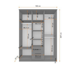 Arte Grey Hinged 3-Door Wardrobe With Mirror & Black Accents 152X207Cm - Three Drawers, Six Shelves - thumbnail 3