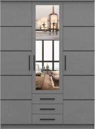 Arte Grey Hinged 3-Door Wardrobe With Mirror & Black Accents 152X207Cm - Three Drawers, Six Shelves - thumbnail 2