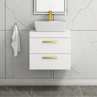 Royal Bathrooms 600mm Wall Hung Vanity Unit 2 Drawer Gloss White & Cube Countertop Basin With Brushed Brass Handle - image 1
