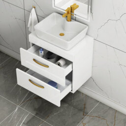 Royal Bathrooms 600mm Wall Hung Vanity Unit 2 Drawer Gloss White & Cube Countertop Basin With Brushed Brass Handle - thumbnail 3