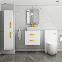 Royal Bathrooms 600mm Wall Hung Vanity Unit 2 Drawer Gloss White & Cube Countertop Basin With Brushed Brass Handle - thumbnail 2