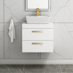Royal Bathrooms 600mm Wall Hung Vanity Unit 2 Drawer Gloss White & Cube Countertop Basin With Brushed Brass Handle - thumbnail 1