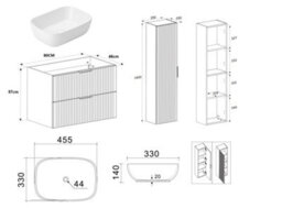 Impact Furniture Bathroom Furniture Set Wall Hung Vanity Unit With Sink And 800mm Worktop Tall Cabinet Black Ribbed Fluted Adel - thumbnail 9