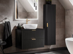 Impact Furniture Bathroom Furniture Set Wall Hung Vanity Unit With Sink And 800mm Worktop Tall Cabinet Black Ribbed Fluted Adel