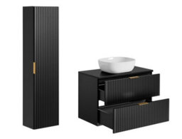 Impact Furniture Bathroom Furniture Set Wall Hung Vanity Unit With Sink And 800mm Worktop Tall Cabinet Black Ribbed Fluted Adel - thumbnail 2