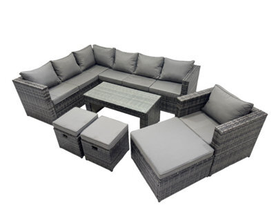 Fimous 7 Pieces Outdoor Pe Rattan Garden Furniture Corner Sofa Oblong Coffee Table Set With Cushions 3 Footstools Dark Grey Mixed - image 1