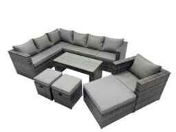 Fimous 7 Pieces Outdoor Pe Rattan Garden Furniture Corner Sofa Oblong Coffee Table Set With Cushions 3 Footstools Dark Grey Mixed - thumbnail 1