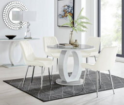 Furniturebox Giovani Round 4 Seat 100Cm White High Gloss Halo Base Grey Glass Top Dining Table 4 Cream Velvet Silver Leg Pesaro Chairs - thumbnail 1