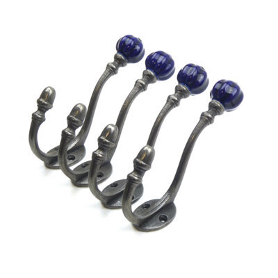 Oakcrafts - Ceramic Tipped Shabby Chic Cast Iron Coat Hook 125mm (Dark Blue) - Pack Of 4 Hooks