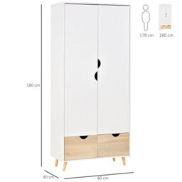 Homcom 2-Door Clothes Wardrobe W/ Rail Shelf 2 Storage Drawers Wood Feet White - thumbnail 3