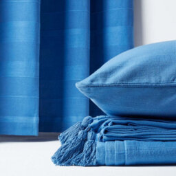 "Homescapes Cotton Rajput Ribbed Blue Curtain Pair, 66 X 72"" Drop" - thumbnail 4