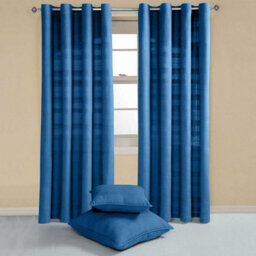 "Homescapes Cotton Rajput Ribbed Blue Curtain Pair, 66 X 72"" Drop" - thumbnail 2