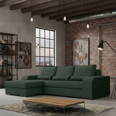 Virago Corner Sofa Bed For Living Room Foam Seat Wavy Springs Wood Legs With Storage Cushions 285X165X90 Green Left - image 1