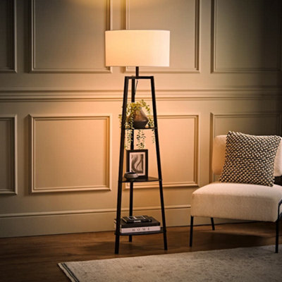 Valuelights Hiru Black 3 Tier Shelf Floor Lamp With Black Drum Shade And Bulb - image 1
