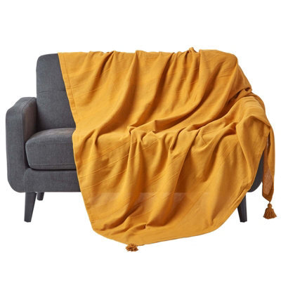 Homescapes Cotton Rajput Ribbed Mustard Throw, 150 X 200Cm - image 1