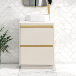 Royal Bathrooms Orion 600mm Warm Taupe Floor Standing Plain White Countertop Vanity Unit 2 Drawer With Lyon Basin & Brushed Brass Accent Trim - thumbnail 2