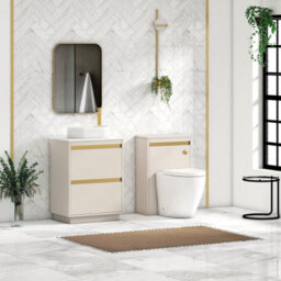 Royal Bathrooms Orion 600mm Warm Taupe Floor Standing Plain White Countertop Vanity Unit 2 Drawer With Lyon Basin & Brushed Brass Accent Trim - thumbnail 3
