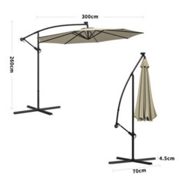 Living And Home 3M Led Lighted Large Garden Cantilever Patio Parasol Sun Shade Banana Umbrella Crank Tilt With Cross Base, Beige - thumbnail 5