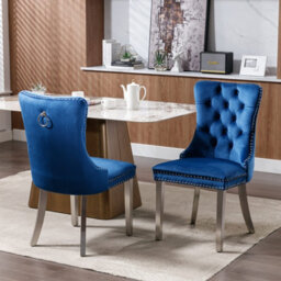 HomeTouch Set Of 2 Luxe Velvet Dining Chairs With Steel Legs And Pull Knocker Back Tufted Kitchen Chairs Home Office Accent Chairs Blue