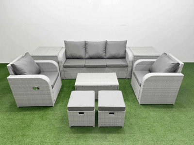 Fimous Pe Rattan Garden Furniture Set Reclining Chair Lounge Sofa Set Oblong Coffee Table 2 Side Table 2 Small Stools Light Grey - image 1
