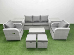 Fimous Pe Rattan Garden Furniture Set Reclining Chair Lounge Sofa Set Oblong Coffee Table 2 Side Table 2 Small Stools Light Grey - thumbnail 1