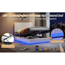 Ottoman 5Ft King Bed Frame With Adjustable Channel Tufted Headboard,  No Box Spring Needed, Cream White (No Mattress) - thumbnail 3