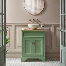Homestylestore Pastel Green And Oak 645mm Bathroom Vanity Unit With Round Countertop Basin And Brushed Copper Round Handles - thumbnail 1