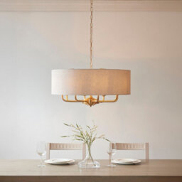 Luminosa Lighting Luminosa Highclere Multi Arm Pendant Ceiling Light Vintage Brass, Natural Linen, 8X E14 - thumbnail 2