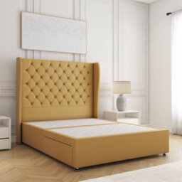 Bsspoke Amelia Divan Bed Set Mustard Plush Velvet With 54Inch Wingedback Panel Headboard No Drawers No Mattress In All Sizes