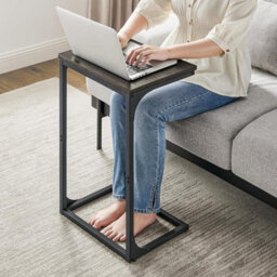 C-Design Side Table, Metal Frame Sofa Table, Industrial Bedside Storage Furniture, Grey Oak And Black