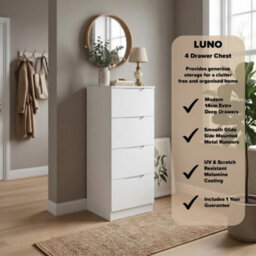 Matt White 4 Drawer Chest Of Drawers Central Runners & Recessed Handles - thumbnail 3