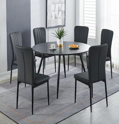Hallowood Furniture Cullompton Large Black Round Dining Table 120Cm With 6 Black Faux Leather High Back Chairs - image 1