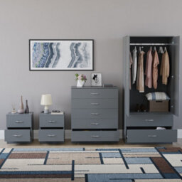 Lassic Vida Designs Riano 4 Piece Bedroom Set (2 Drawer Bedside Chest, 5 Drawer Chest, 2 Door 2 Drawer Wardrobe), Grey - thumbnail 2