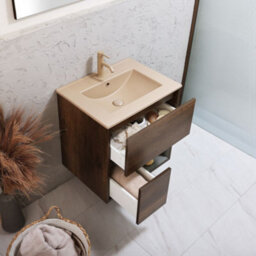 Homestylestore Dark Oak 612mm Wall Hung Bathroom Vanity Unit Led Lit Open Shelf And Sand Basin - thumbnail 2