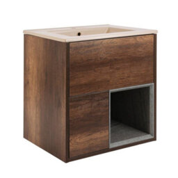 Homestylestore Dark Oak 612mm Wall Hung Bathroom Vanity Unit Led Lit Open Shelf And Sand Basin