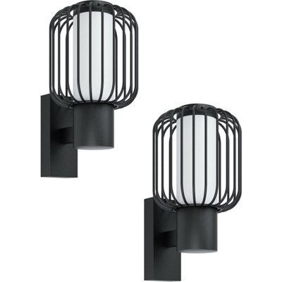 Set Of 2 Ip44 Outdoor Black Wall Lights With Zinc Steel Cage And E27 Bulb - image 1