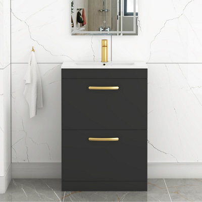 Royal Bathrooms Turin 600mm Floor Standing Vanity Unit Matt Black 2 Drawer Minimalist Basin With Brushed Brass Handles - image 1