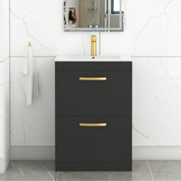 Royal Bathrooms Turin 600mm Floor Standing Vanity Unit Matt Black 2 Drawer Minimalist Basin With Brushed Brass Handles - thumbnail 1