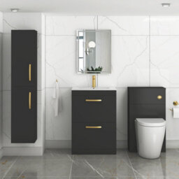 Royal Bathrooms Turin 600mm Floor Standing Vanity Unit Matt Black 2 Drawer Minimalist Basin With Brushed Brass Handles - thumbnail 4