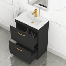 Royal Bathrooms Turin 600mm Floor Standing Vanity Unit Matt Black 2 Drawer Minimalist Basin With Brushed Brass Handles - thumbnail 5