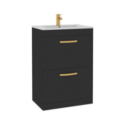 Royal Bathrooms Turin 600mm Floor Standing Vanity Unit Matt Black 2 Drawer Minimalist Basin With Brushed Brass Handles - thumbnail 6