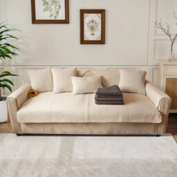 Living And Home Beige Lambswool Style Non Slip Faux Plush Sofa Cover Pack Of 1 210Cm W X 90Cm D - thumbnail 2