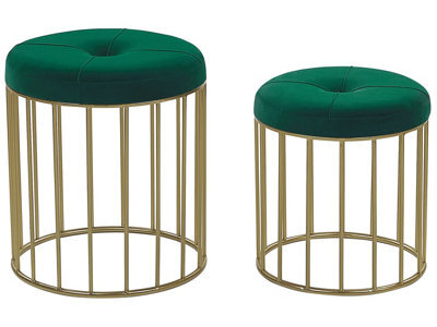 Beliani Nesting Pouffes Set Of 2 Dark Green Velvet With Gold Iron Base, Tufted Button Detail, No Assembly - image 1