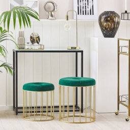 Beliani Nesting Pouffes Set Of 2 Dark Green Velvet With Gold Iron Base, Tufted Button Detail, No Assembly - thumbnail 2