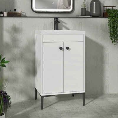 Royal Bathrooms Verona 500mm Gloss White Floor Standing Bathroom Vanity Unit 2 Door With Mid-Edge Basin & Matt Black Knob - image 1