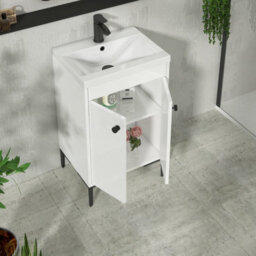 Royal Bathrooms Verona 500mm Gloss White Floor Standing Bathroom Vanity Unit 2 Door With Mid-Edge Basin & Matt Black Knob - thumbnail 5
