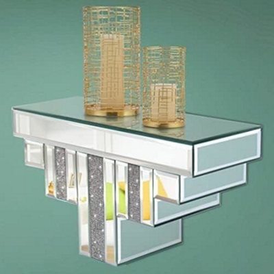 Biznest Large Mirrored Diamante Jewel Crystal Art Deco Floating Mirror Wall Shelf Shelves