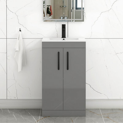 Royal Bathrooms Turin Indigo Grey Gloss 500mm Floor Standing Vanity Unit 2 Door With Minimalist Basin Sink & Matt Black Handles - image 1