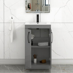 Royal Bathrooms Turin Indigo Grey Gloss 500mm Floor Standing Vanity Unit 2 Door With Minimalist Basin Sink & Matt Black Handles - thumbnail 5